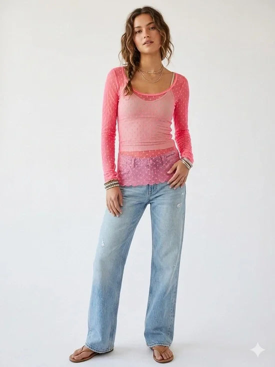 Free People Sheer Pink Polka Dot Lace Long Sleeve Top Size XS Boho Y2K indie - Picture 11 of 11